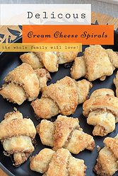 cream cheese pastry rolls in a plate with a overlaying text.