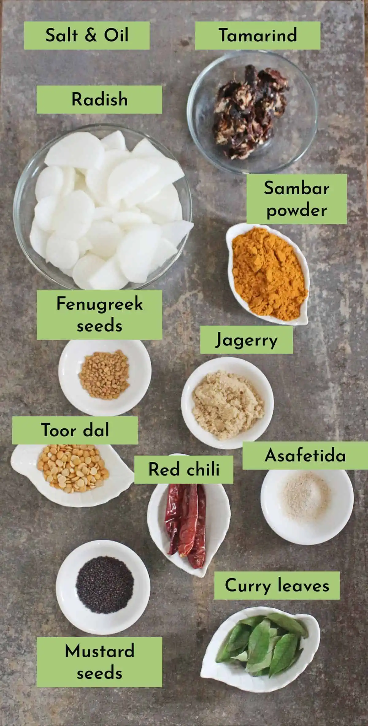 Ingredients needed to make mullangi vatha kuzhambu labeled.