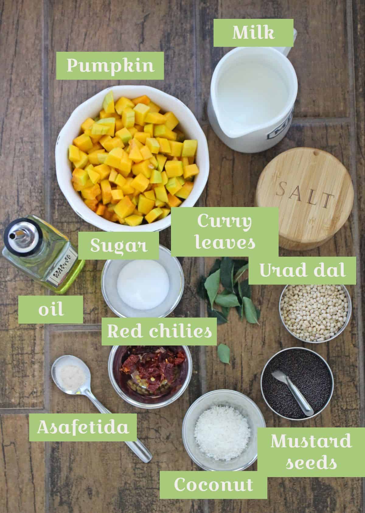 Ingredients needed to make pumpkin kootu labeled.
