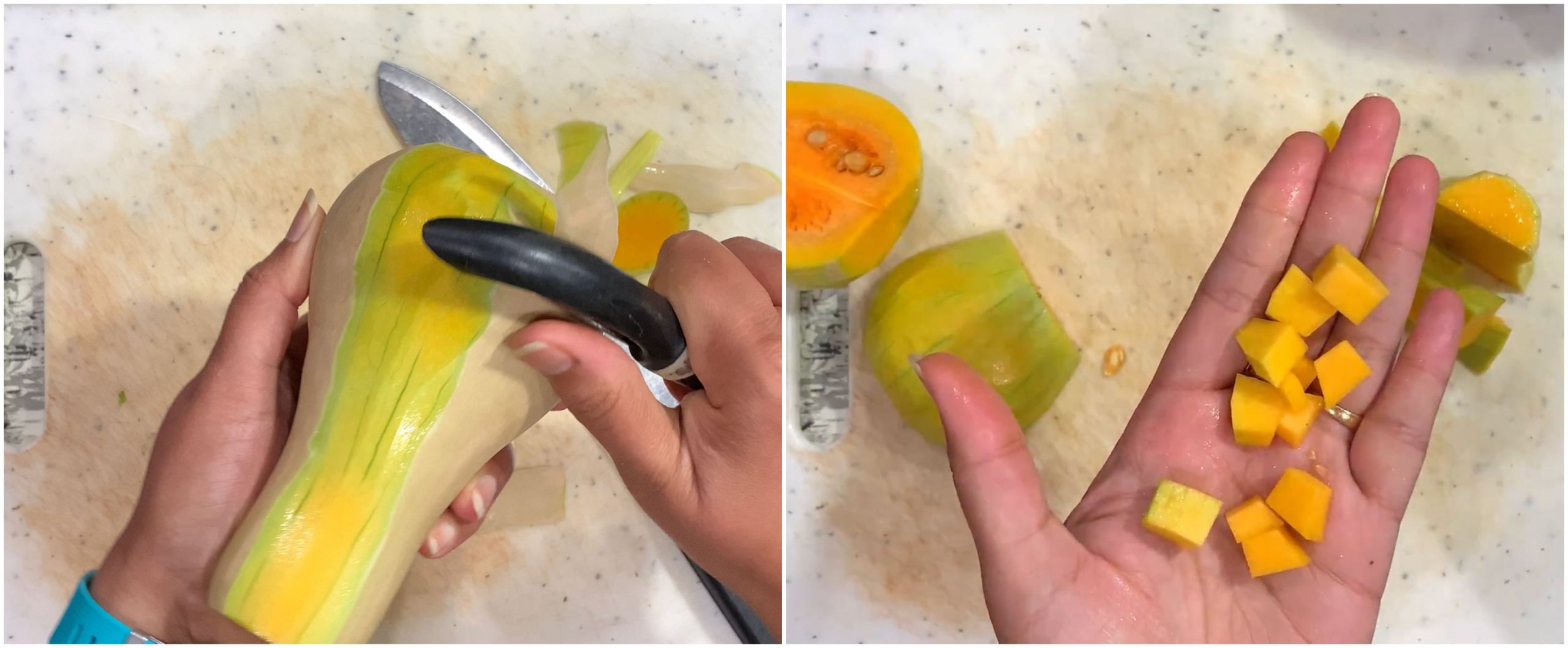 collage of peeling and chopping butternut squash.