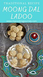 ladoos on a plate and in a bowl with text overlay.