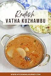 Radish vatha kuzhambu in a steel bowl with text.