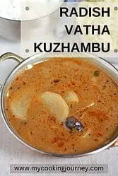kuzhambu with radish in a bowl with text inlay.