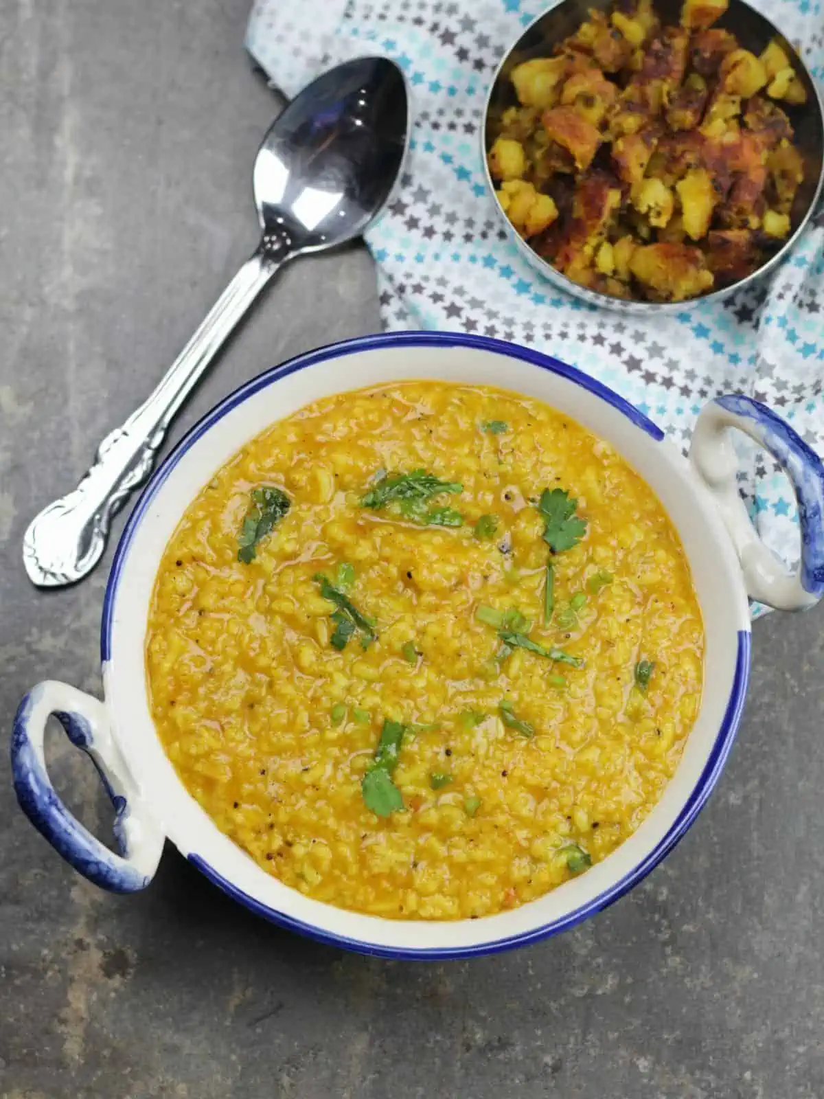 rasam sadam with potato curry.