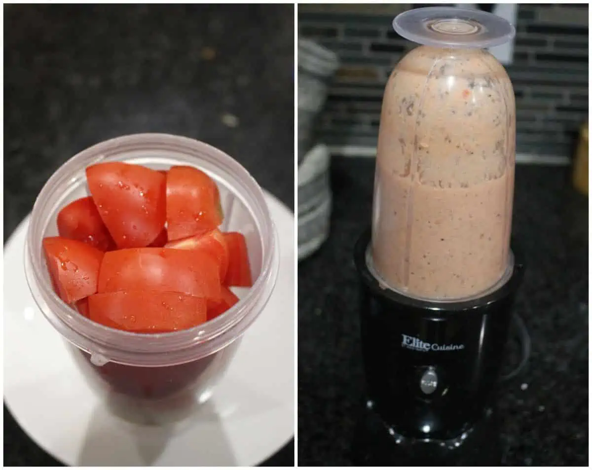Grinding tomatoes and spices in a blender.