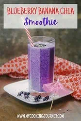 Purple smoothie in a tall glass with text