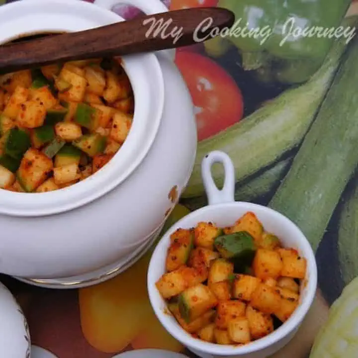 Cut Mango Pickle in a cup and jar - Featured Image
