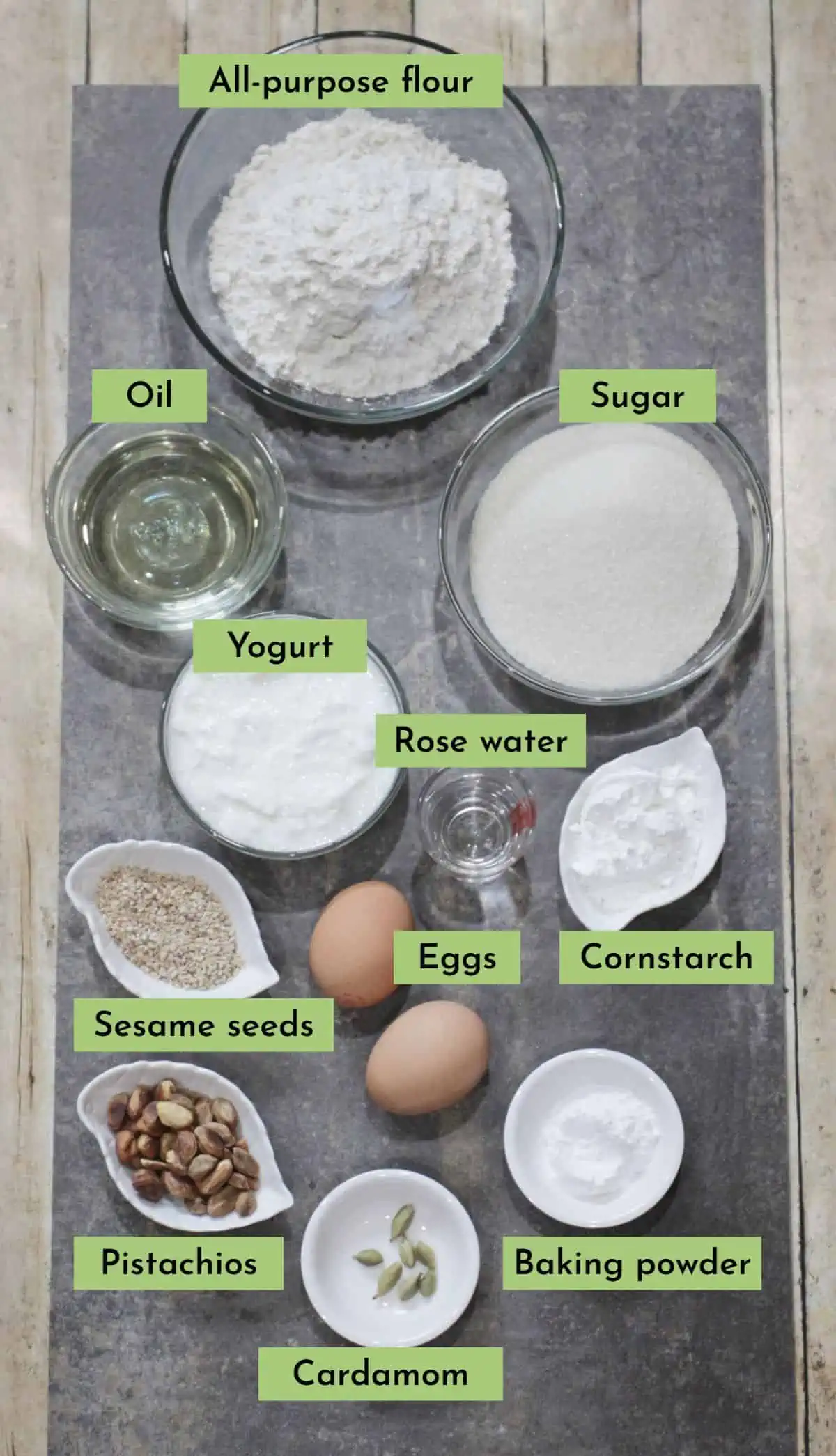Ingredients needed to make Persian Cardamom and rose water muffins labelled.
