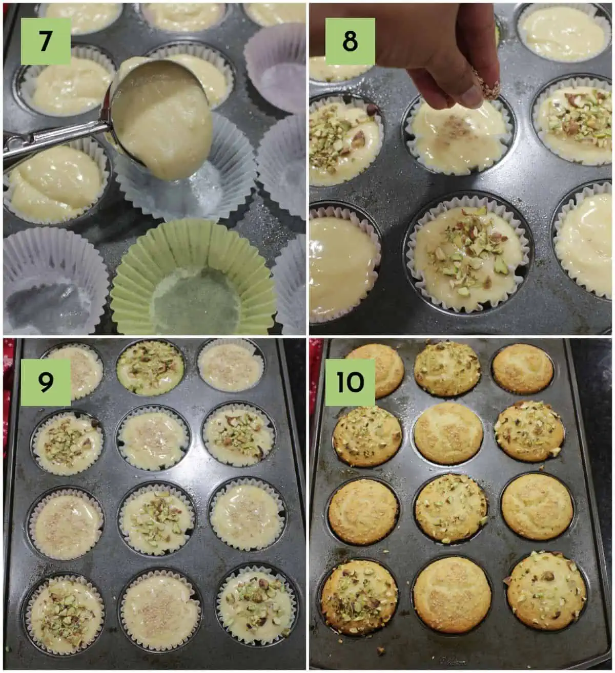 Process shot showing how to pour Persian cardamom muffin batter in tins and bake.