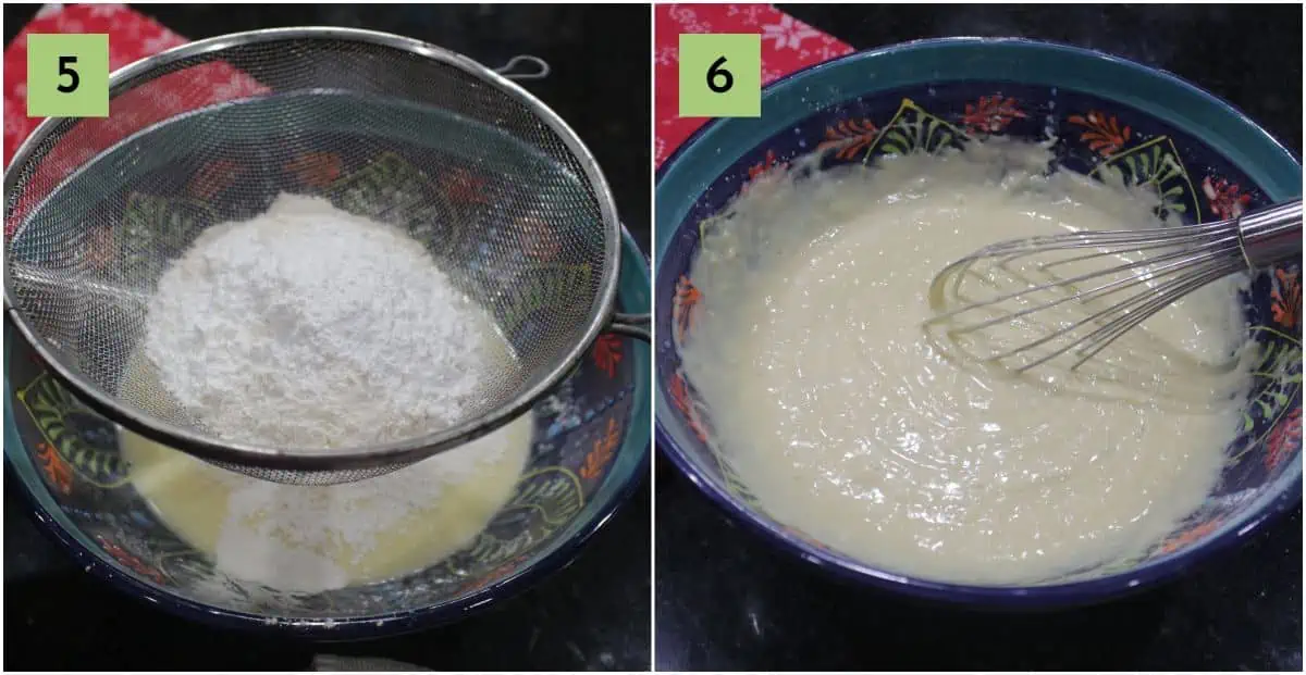 Sifting flour over wet ingredients in a bowl and making a batter.
