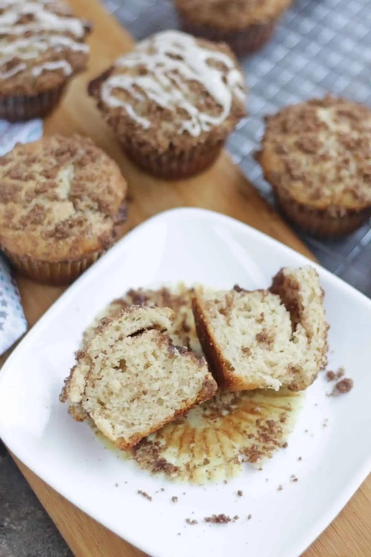 picture of a muffin split open showing the crumb texture. 
