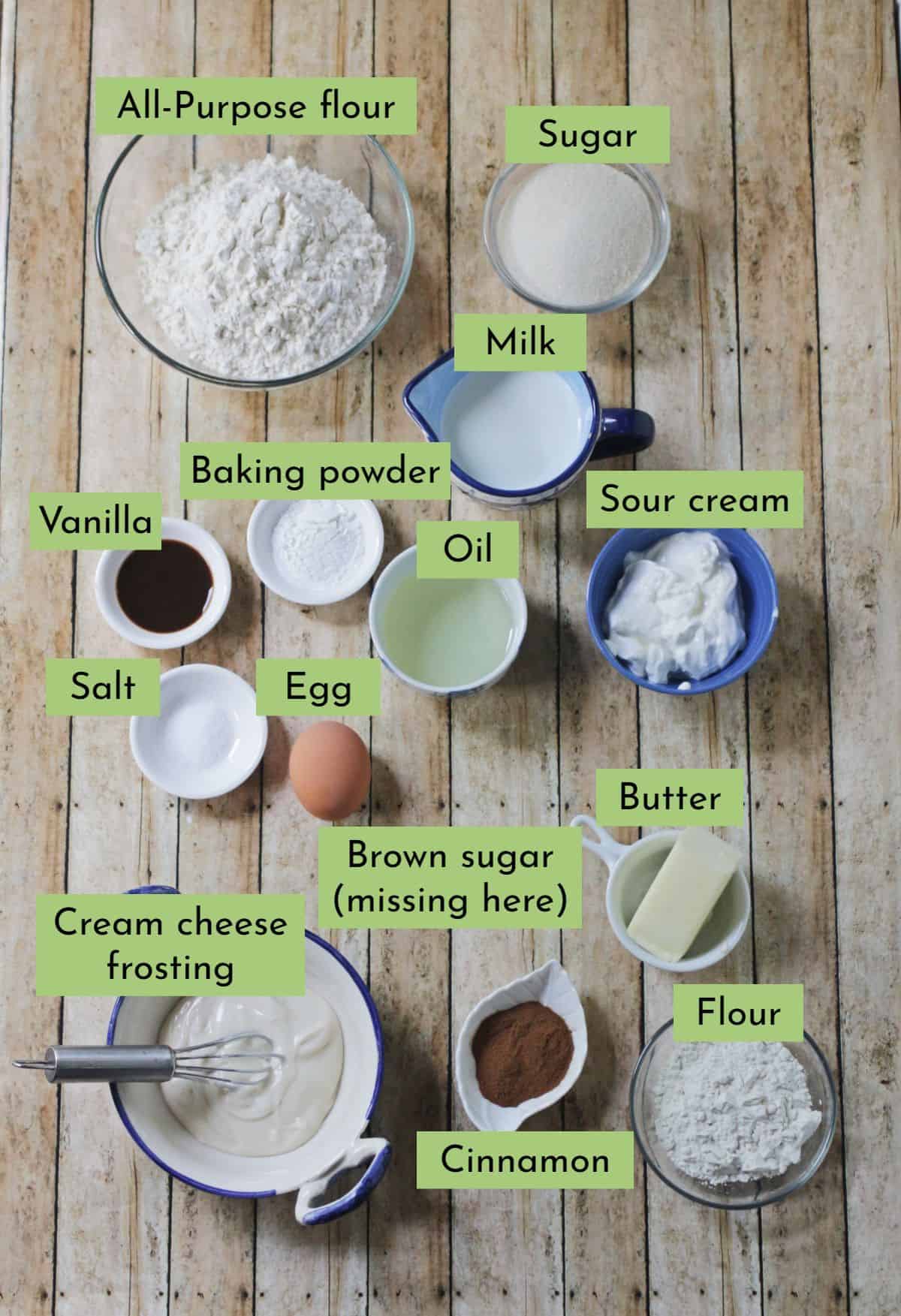Ingredients needed to make cinnamon roll muffins labelled.