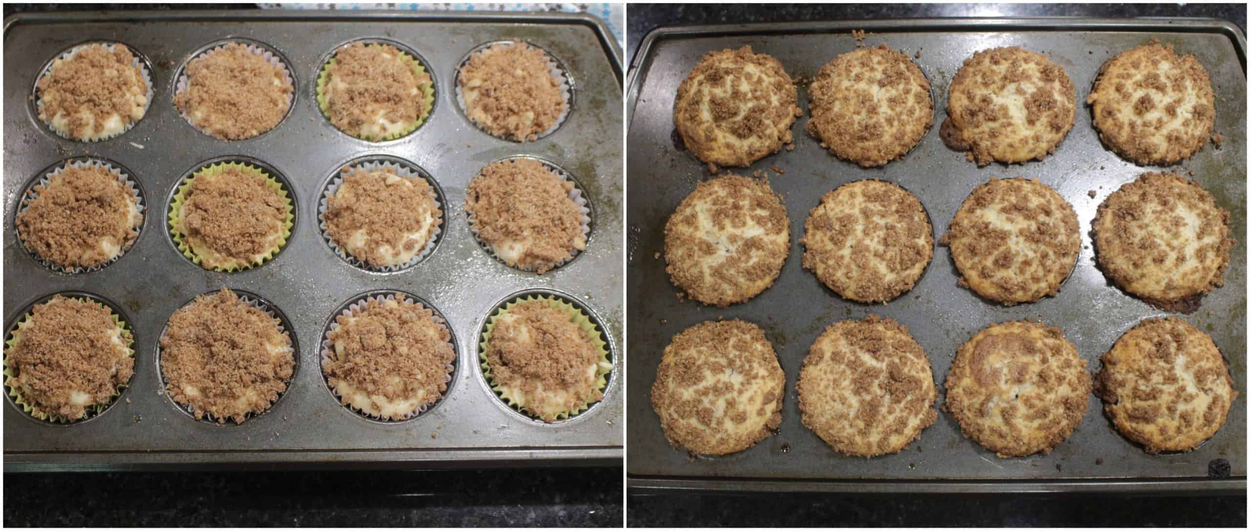 Muffin batter in tin and baked muffin.
