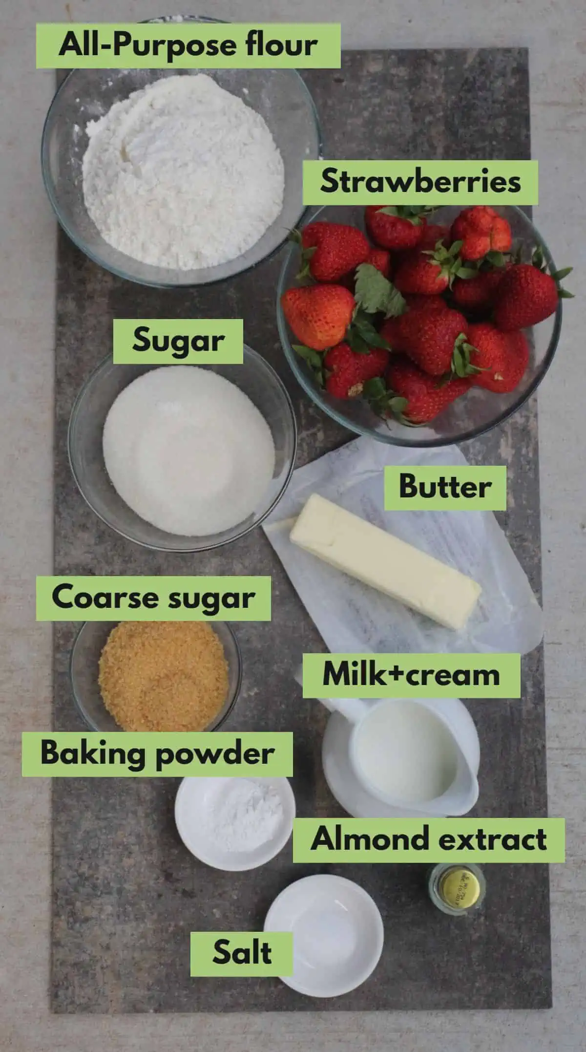 Ingredients needed to make strawberry shortcake muffins labeled. 