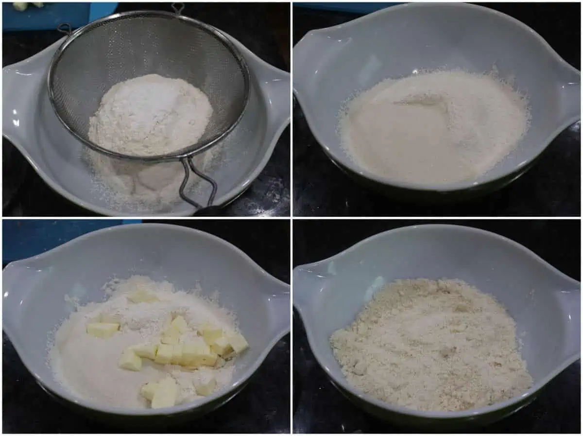 Process shot to show how to mix cold butter in flour.