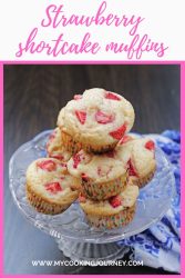 Top view of stacked strawberry shortcake muffins with text.