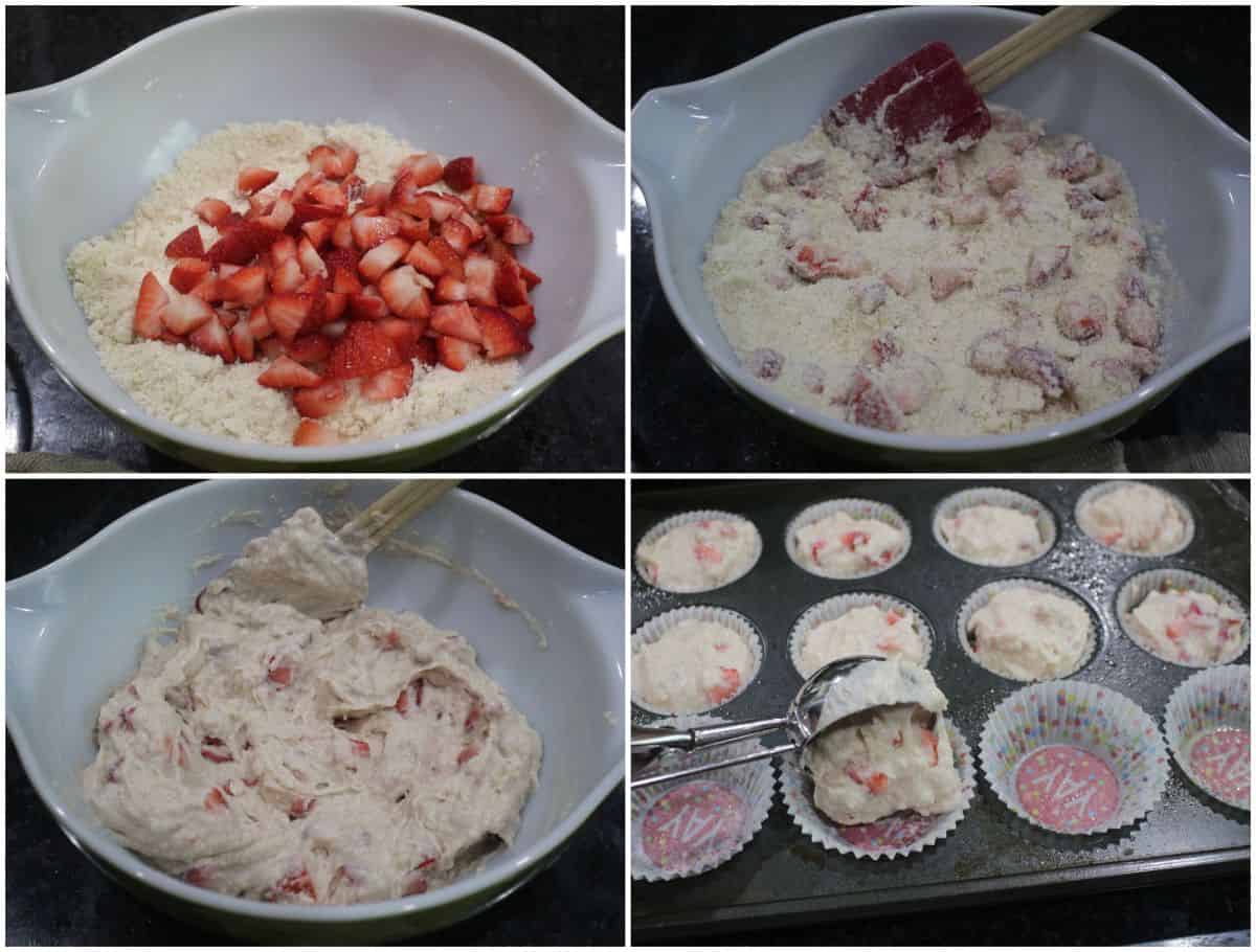 Process shot showing how to make strawberry shortcake muffin batter.