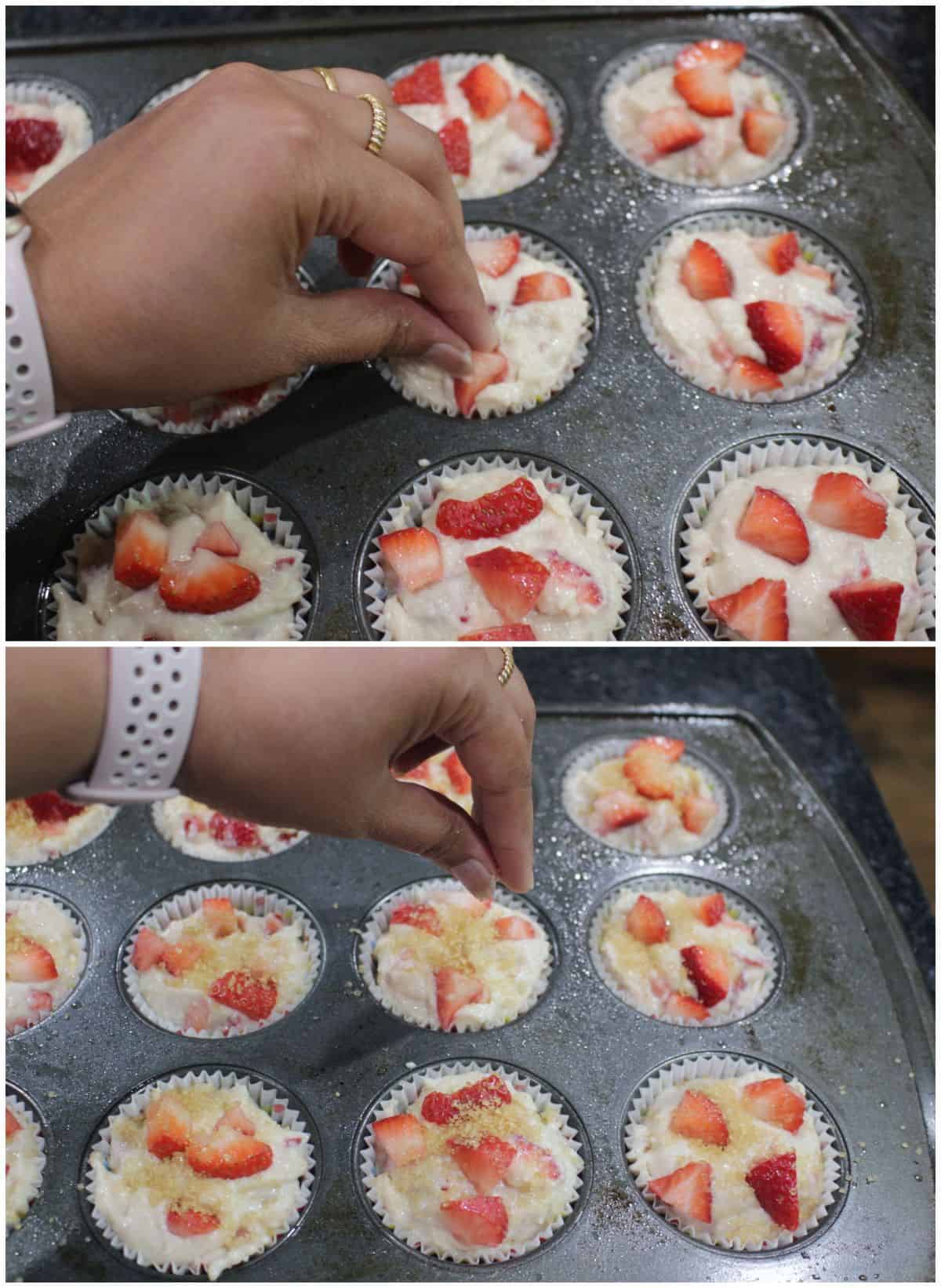 Placing strawberry pieces on top of muffin batter and sprinkling sugar.