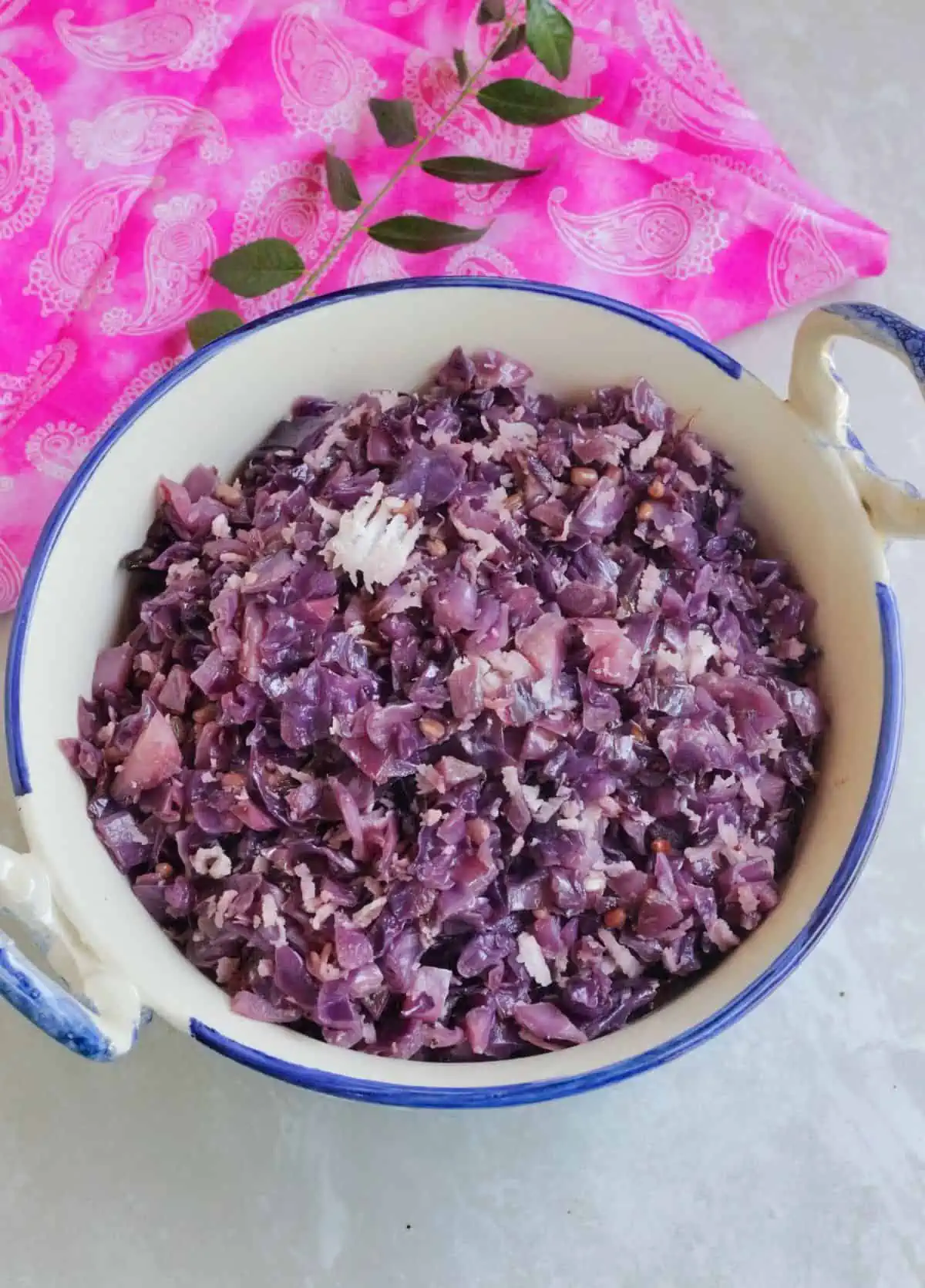 Purple cabbage curry with coconut in a white and blue bowl.