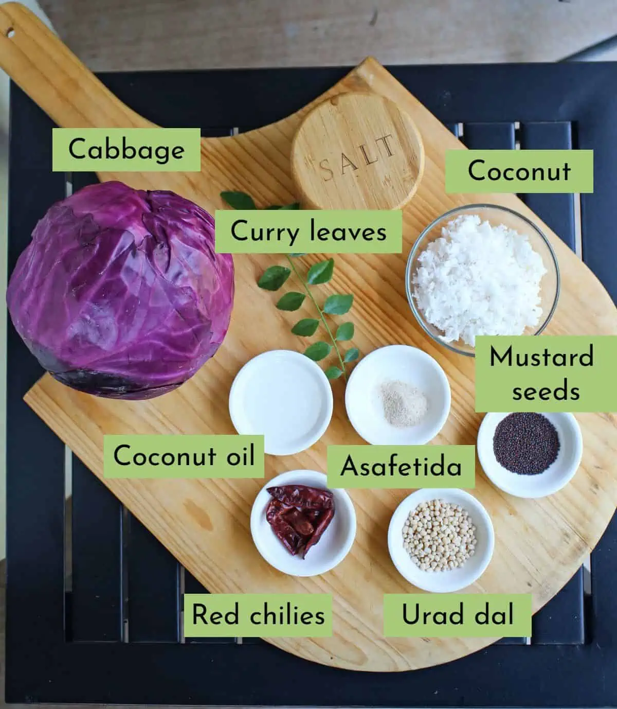 Ingredients needed to make purple cabbage poriyal labeled.