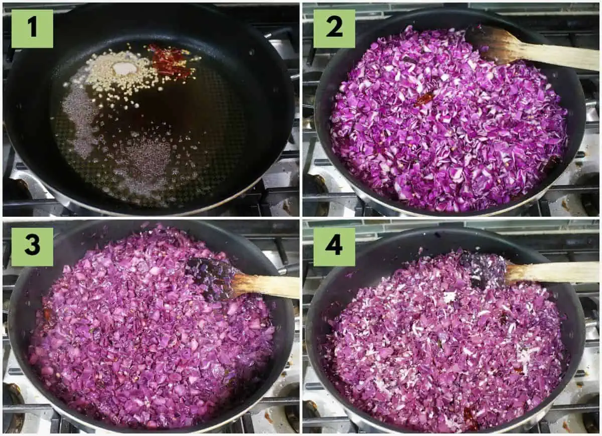 Process shot to make purple cabbage poriyal