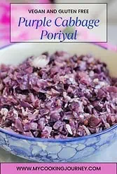 Purple cabbage poriyal with coconut and overlaying text.