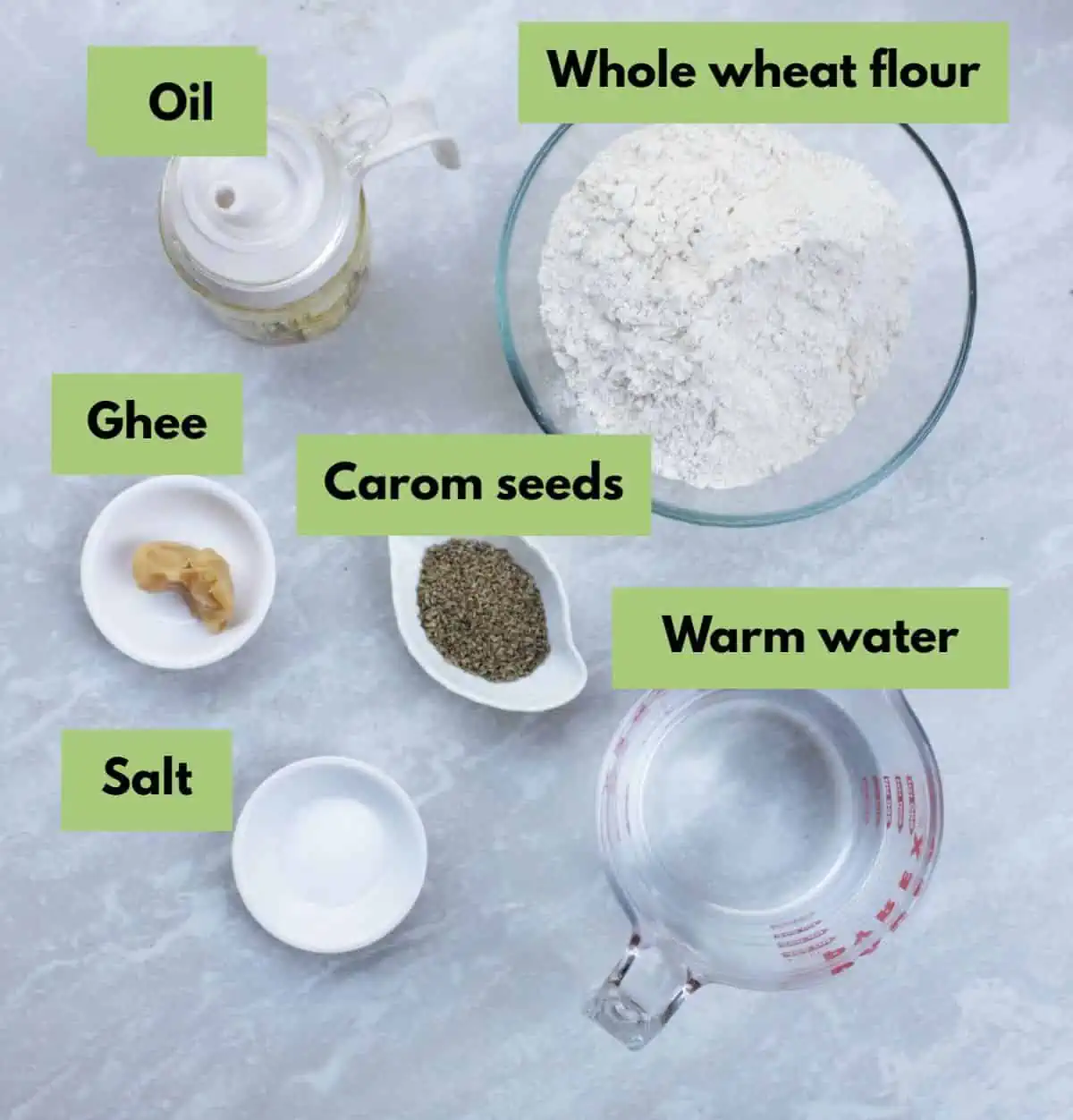 Ingredients needed to make ajwain paratha labeled.