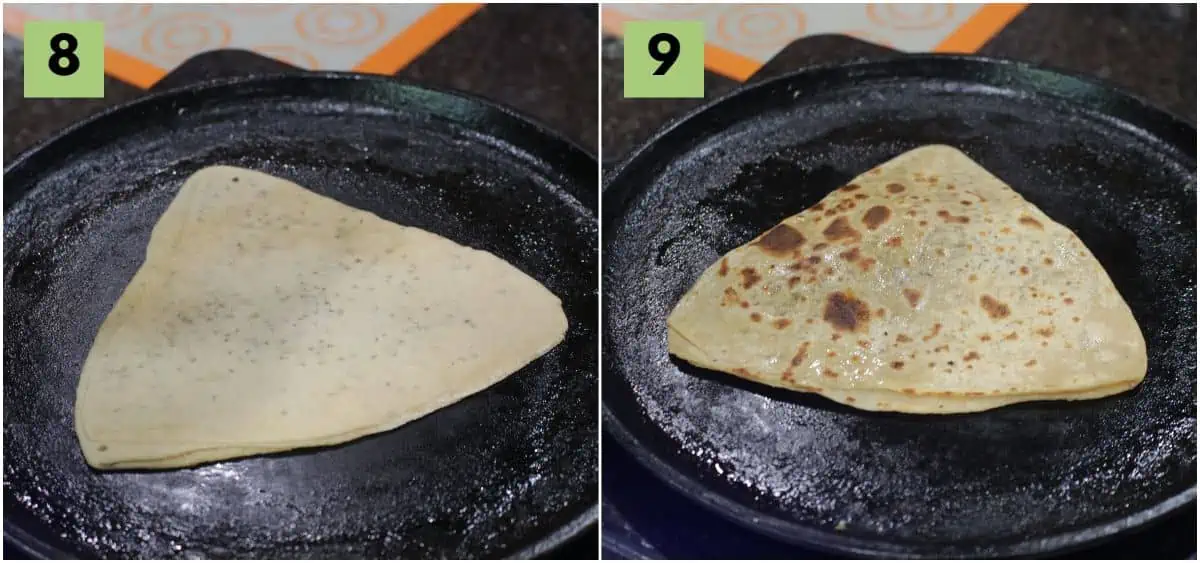 cooking paratha on a cast iron skillet.