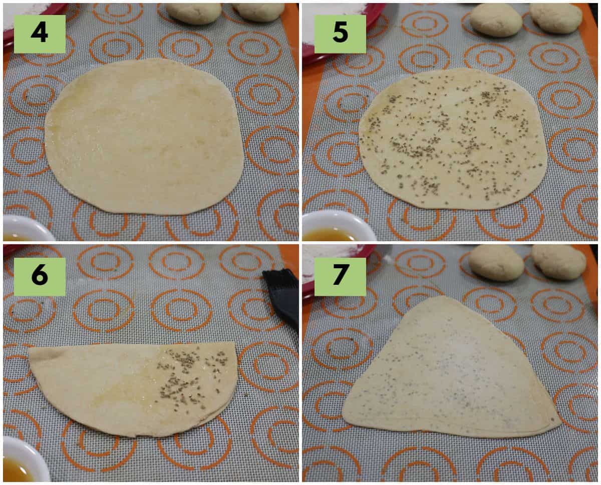 how t roll paratha with carom seeds sprinkled.