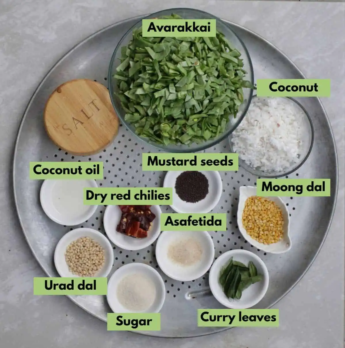 Ingredients needed to make avarakkai poriyal.