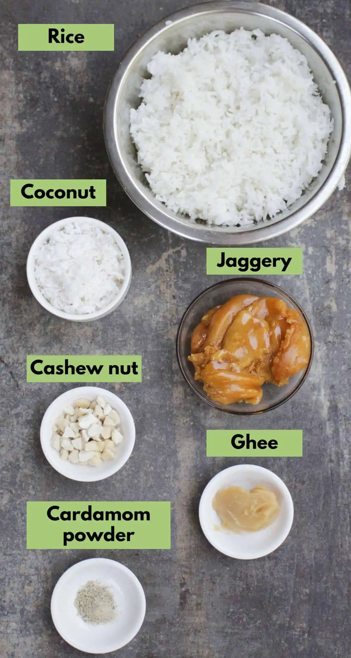Ingredients needed to make sweet jaggery rice.