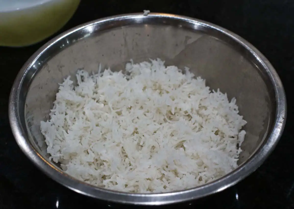 cooked rice in a bowl.