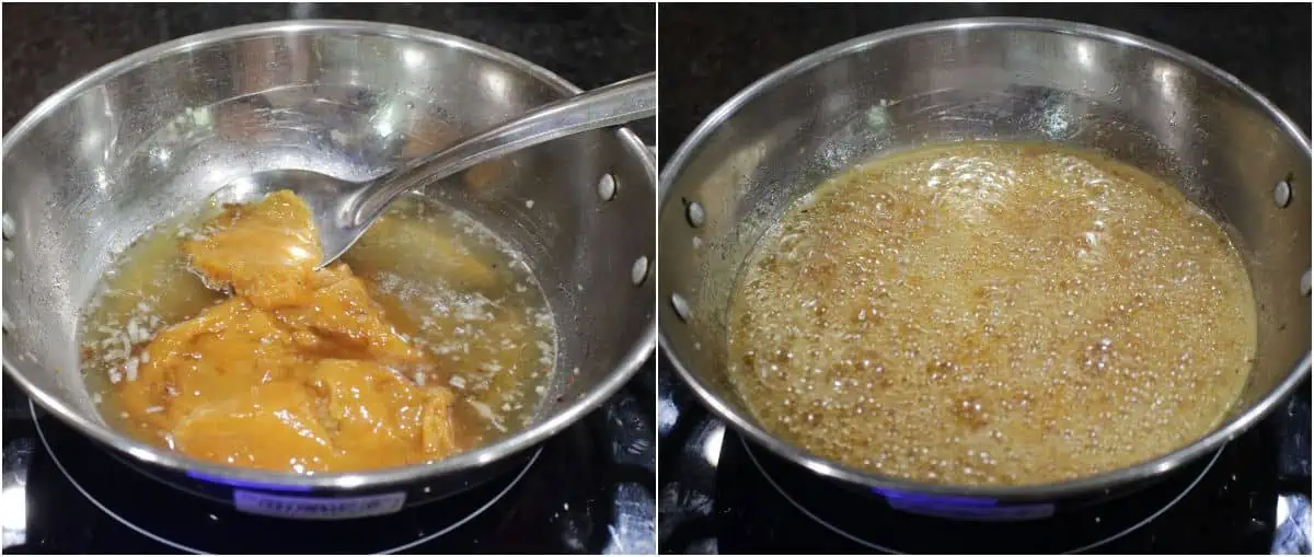 Jaggery melting in a pan.
