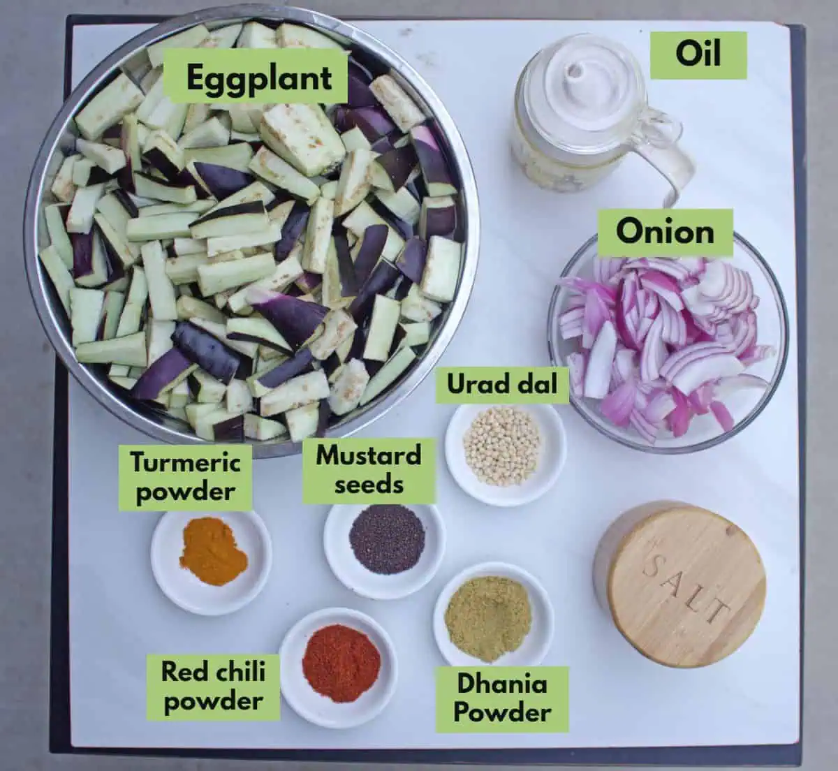 Ingredients labeled to make eggplant curry.