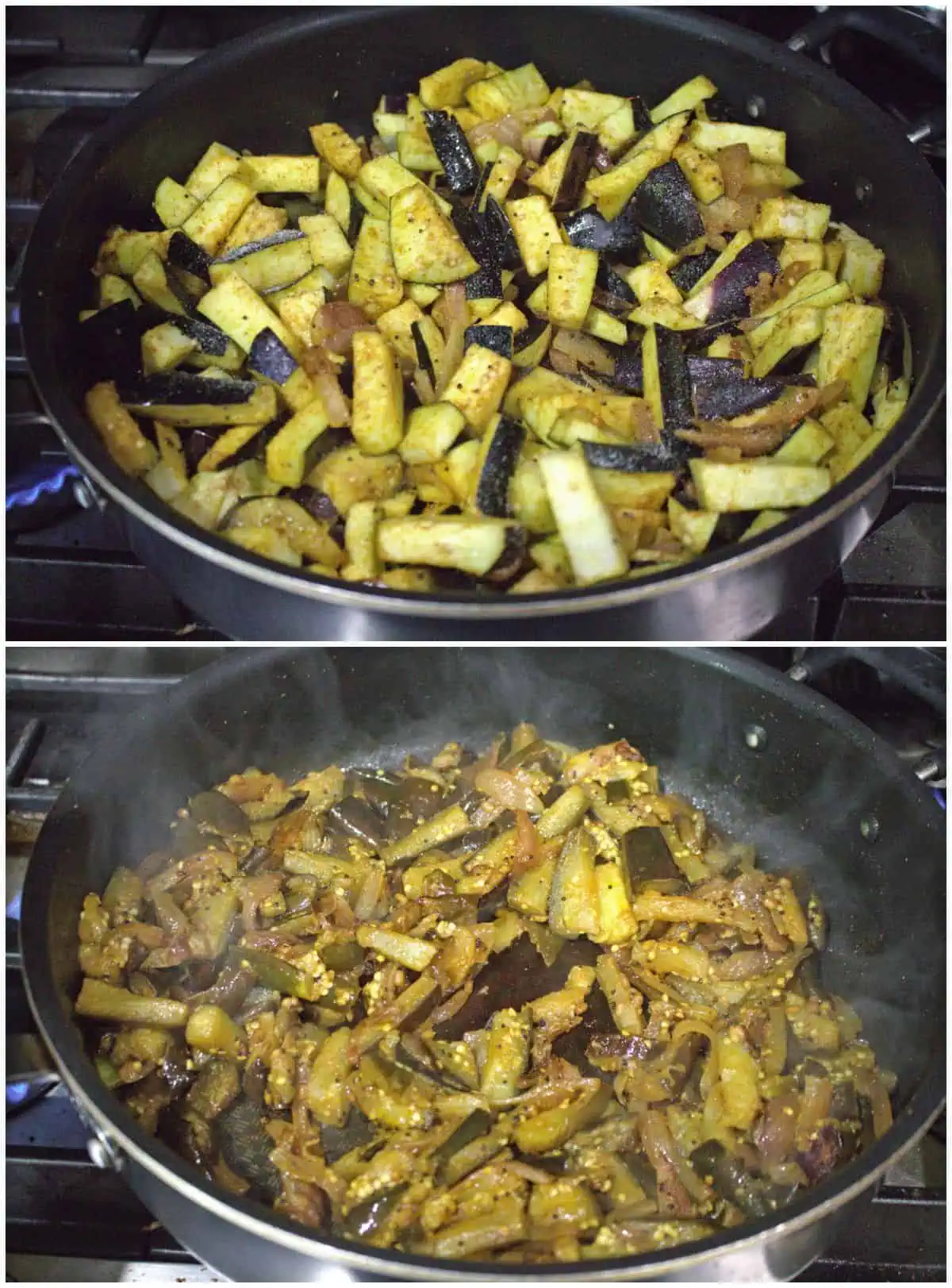 Cooking kathirikai in a wide pan.