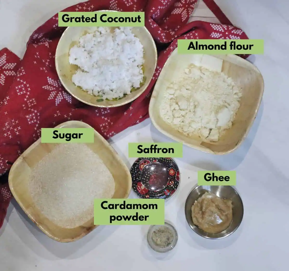 Ingredients needed to make coconut almond burfi