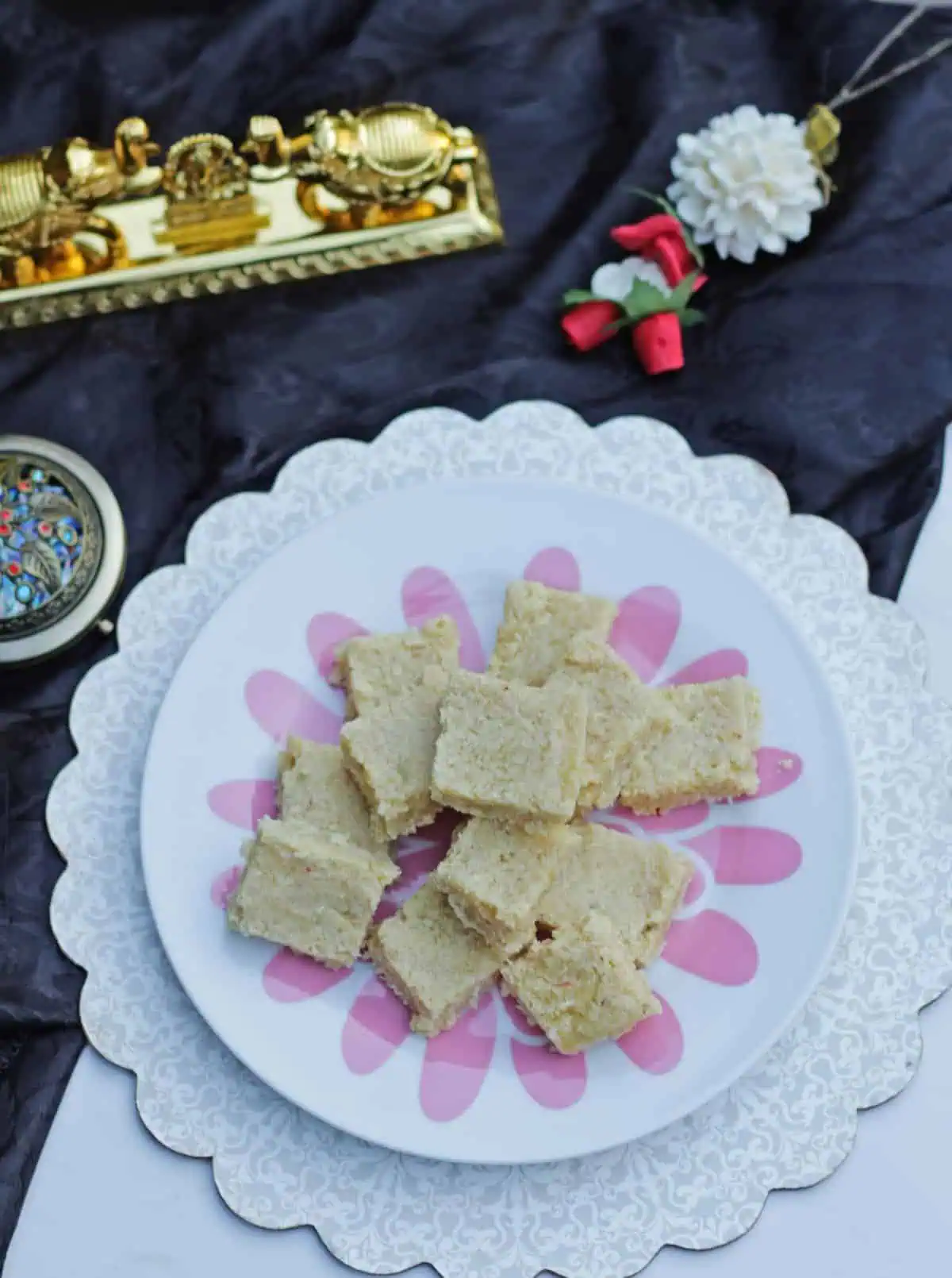 Top view of almond coconut burfi.